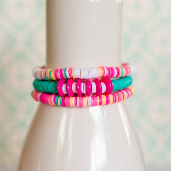 Peach and Teal Rainbow Clay Disc Stretch Bracelet | Single Bracelet or Stack of 3 | Color Block | Heishi Disc Bracelet | Stackable Bracelet