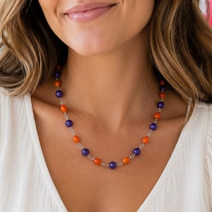 Handmade Beaded Necklace | Purple, Orange | Team Color Jewelry | Glass Bead Necklace | Stainless Steel Necklace