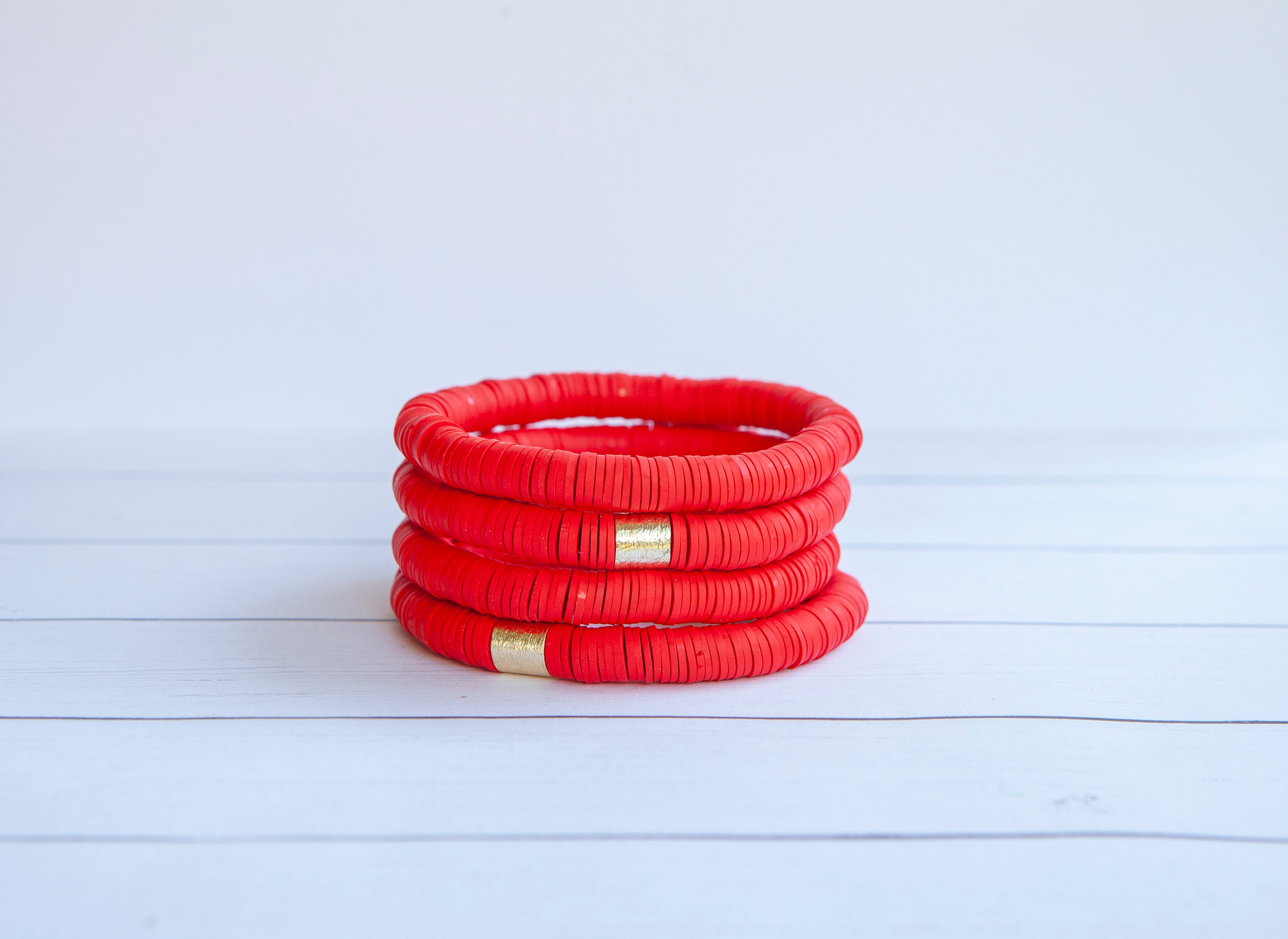 Red Vinyl Heishi Bead Bracelet, Red and White Vinyl Bracelet, Red