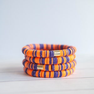 Orange and Purple Stripe Clay Disc Stretch Bracelet | 8mm | Clemson Tigers | 1 Bracelet | Stackable Bracelet | Stacking Bracelet
