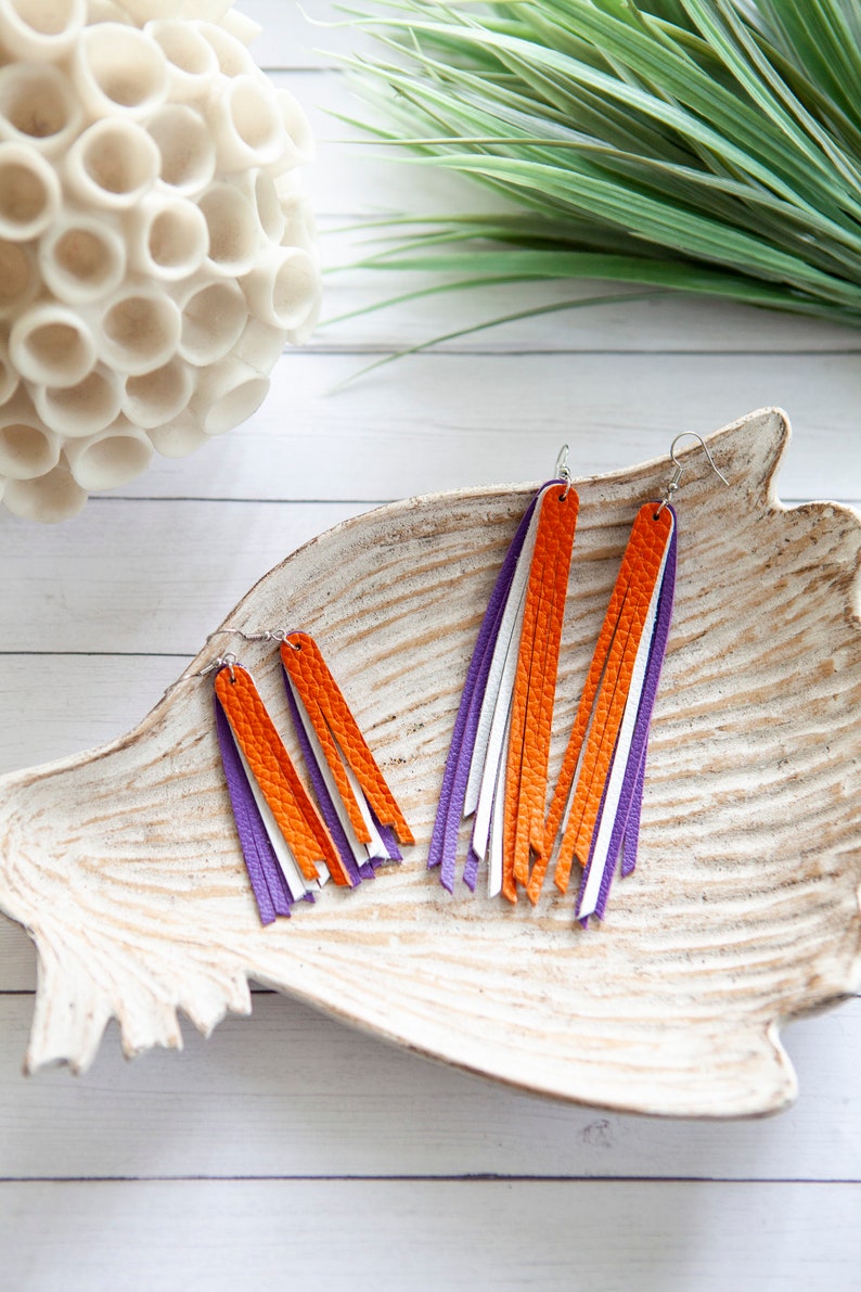Gift for Her Dangle Earrings Clemson Fringe Earrings Genuine Leather Earrings Clemson Tigers Earrings Orange and Purple