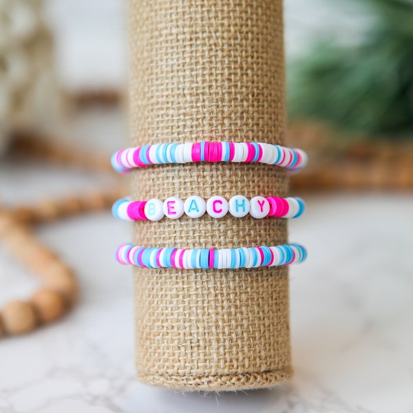 Pink Blue Beach Rainbow Clay Disc Stretch Bracelet | Bracelet Stack | Heishi Disc Bracelet | Stackable Bracelets | Stripe Bracelet