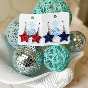 Star Dangle Earrings | Sparkly Acrylic Jewelry | Patriotic Earrings | Gift for Mom | Red Star Earrings | America | Blue Star Earrings