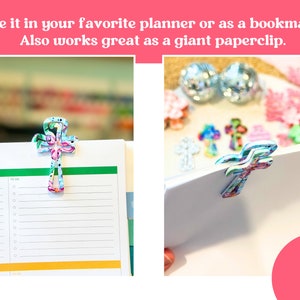 May include: A floral patterned cross-shaped paperclip. The paperclip is holding a sheet of lined paper. The paperclip can be used as a bookmark or a paperclip.