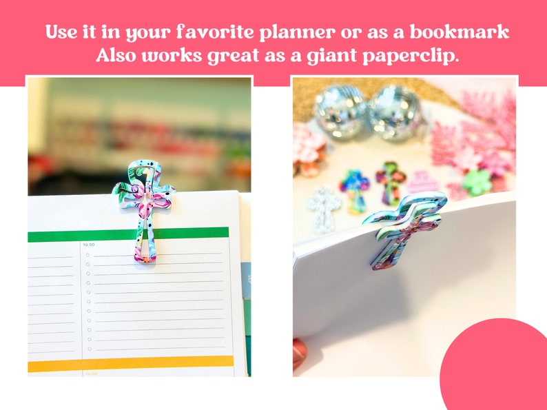 May include: A floral patterned cross-shaped paperclip. The paperclip is holding a sheet of lined paper. The paperclip can be used as a bookmark or a paperclip.