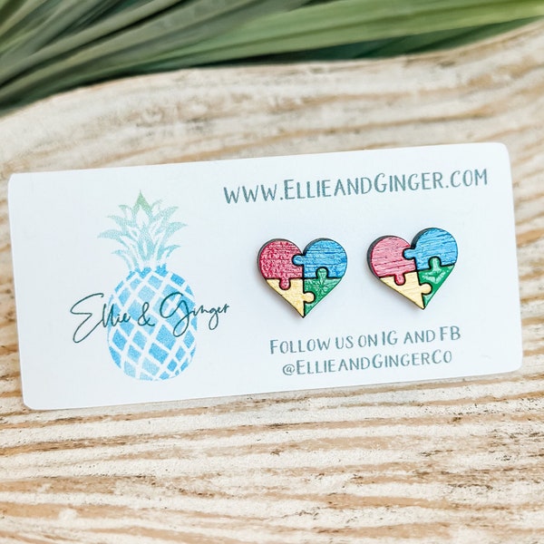 Autism Awareness Earrings | Hand-Painted Wood Earrings | Heart Shaped Puzzle Piece StudEarrings | Gift for Her | Mom Gift | Teacher Earrings