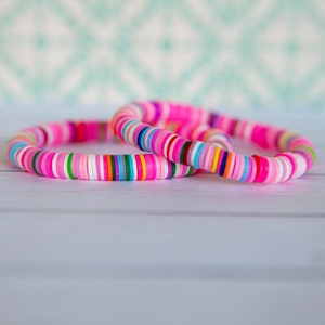 Pink and Rainbow Clay Disc Stretch Bracelet | 8mm | 1 Bracelet | Colorful Bracelet | Polymer Clay Disc Bracelet | Stackable Bracelet