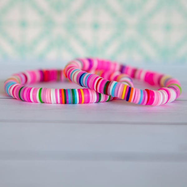 Pink and Rainbow Clay Disc Stretch Bracelet | 8mm | 1 Bracelet | Colorful Bracelet | Polymer Clay Disc Bracelet | Stackable Bracelet