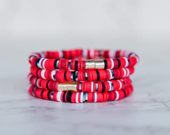 Red and Black Stripe Stretch Bracelet | 6mm | 1 Bracelet | NC State | Team Spirit | Stackable Bracelet | Ohio State Jewelry | Heishi Discs