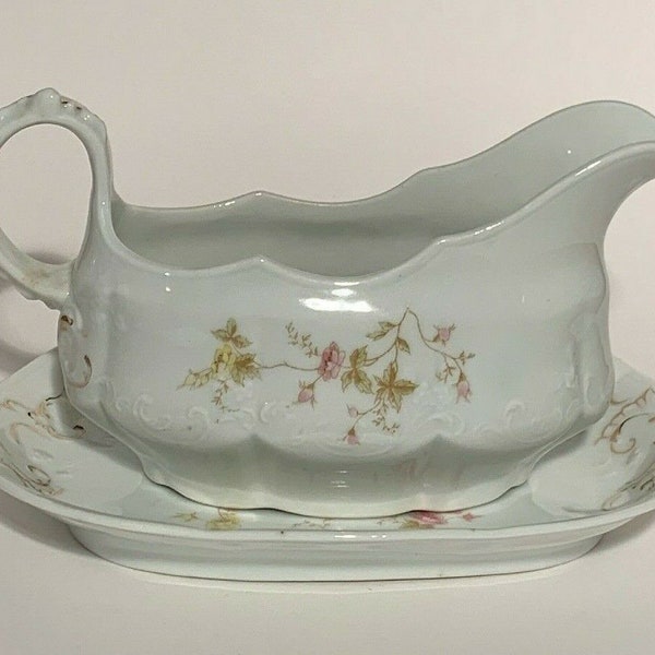 Antique Karlsbad Imperial China made in Austria- Gravy Boat with 8" Underplate-Pink and Yellow Flowers Roses, Gold Detail, embossed