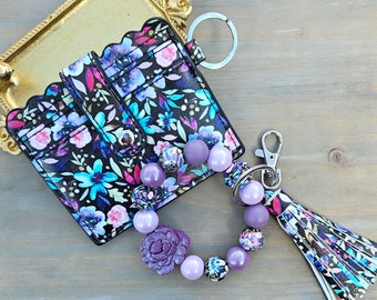 Purple floral wristlet keychain and wallet, Wristlet, with or without wallet