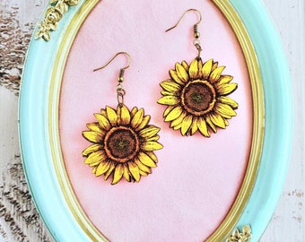 Sunflower Earrings, Laser cut Wood Earrings, Sunflowers, Handpainted, Floral