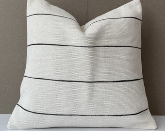 Turkish Kilim Pillow Cover, Black Striped Cotton, Modern Decor (16x16)
