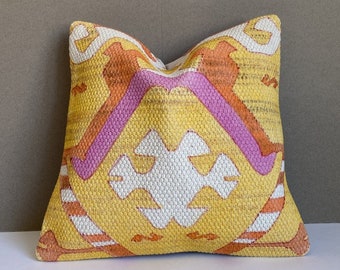 Boho Kilim Pillow Cover, Ethnic Cotton Cushion, 16x16