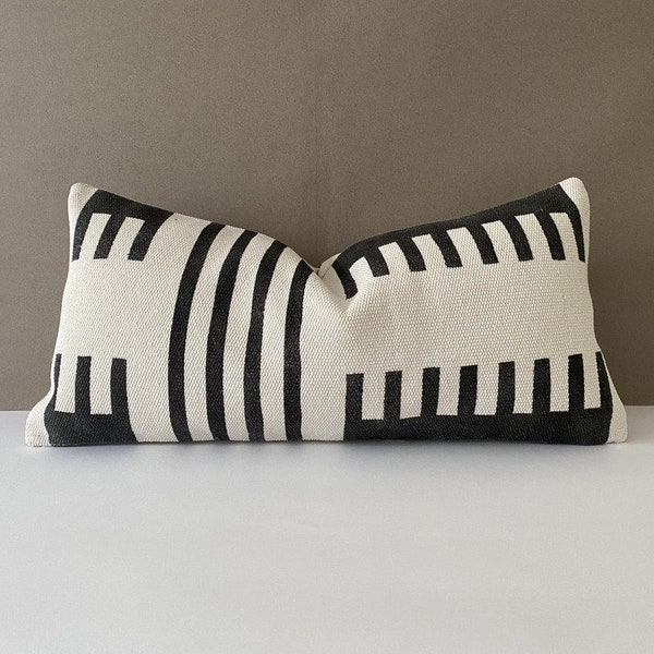 Black white pillow, Hand made, Hemp pillow cover, Painted Hemp cushion cover ,12X24 inch,60x30 cm,Pillow cover.Homedecor pillow,kilim pillow