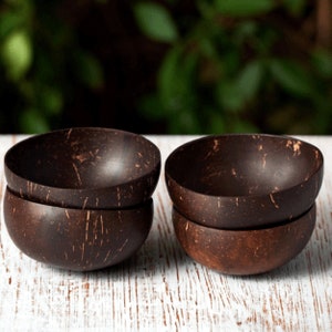 Natural Coconut Bowls (4) Birthday / Wedding Gift to her / him Handmade Coco Shell Bowl for Smoothies, Dessert, Kava Cup, Wood Bowl Polished
