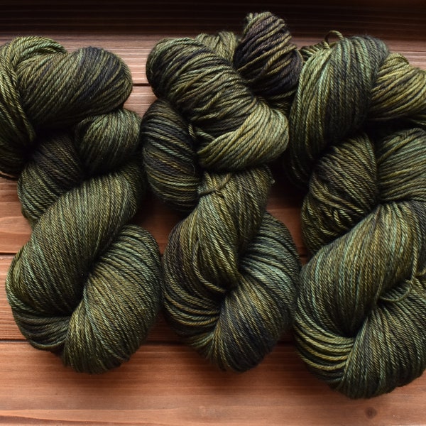 Fern Cliff: Dark Olive Green Yarn. Hand-dyed Wool Yarn. Tonal green yarn. Earthy Moss Green. Army green. Loden. Forest. Rust. Semi-solid.