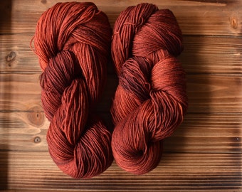 Limberlost: Hand-dyed Rust Orange Yarn. Spice. Clay. Umber. Copper. Tonal reddish orange yarn. Burnt orange. Semi-solid yarn. Fall yarn