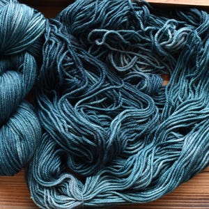 Sea Green: Greenish Blue Hand-dyed, Merino Wool Superwash Fingering Sock Yarn. Tonal green blue yarn.  Copper patina. Semi-solid yarn.