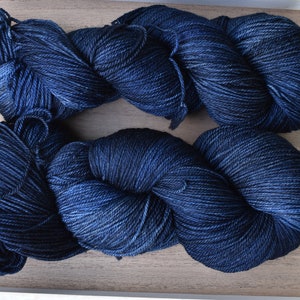 Misty Mountain: Dark Murky Blue Yarn. Hand-dyed Fingering Sock Wool Yarn. Tonal blue yarn. Navy blue. Semi-solid. Dark blue yarn. Sport. DK.