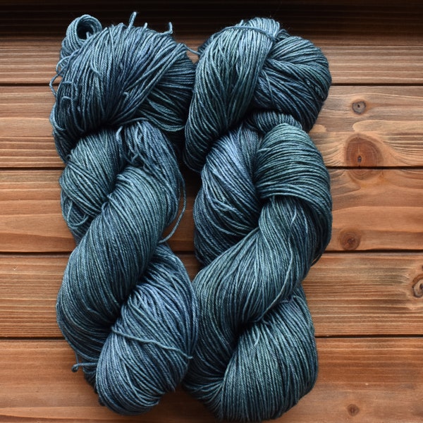 Sea Green: Greenish Blue Hand-dyed, Merino Wool Superwash Fingering Sock Yarn. Tonal green blue yarn.  Copper patina. Semi-solid yarn.