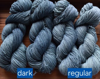 Stone: Hand-dyed Slate Blue Green Yarn. Grey Blue. Grayish blue. Tonal blue yarn. Semi-solid yarn. Dusk. Smoky blue. Stone blue. Soot. Ash