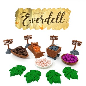 Everdell Accessories Pack, personalized resource bowls, letter holder, open sign, open signs