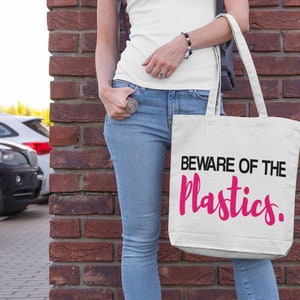 Beware of the Plastics canvas market reusable shopping bag gift for her
