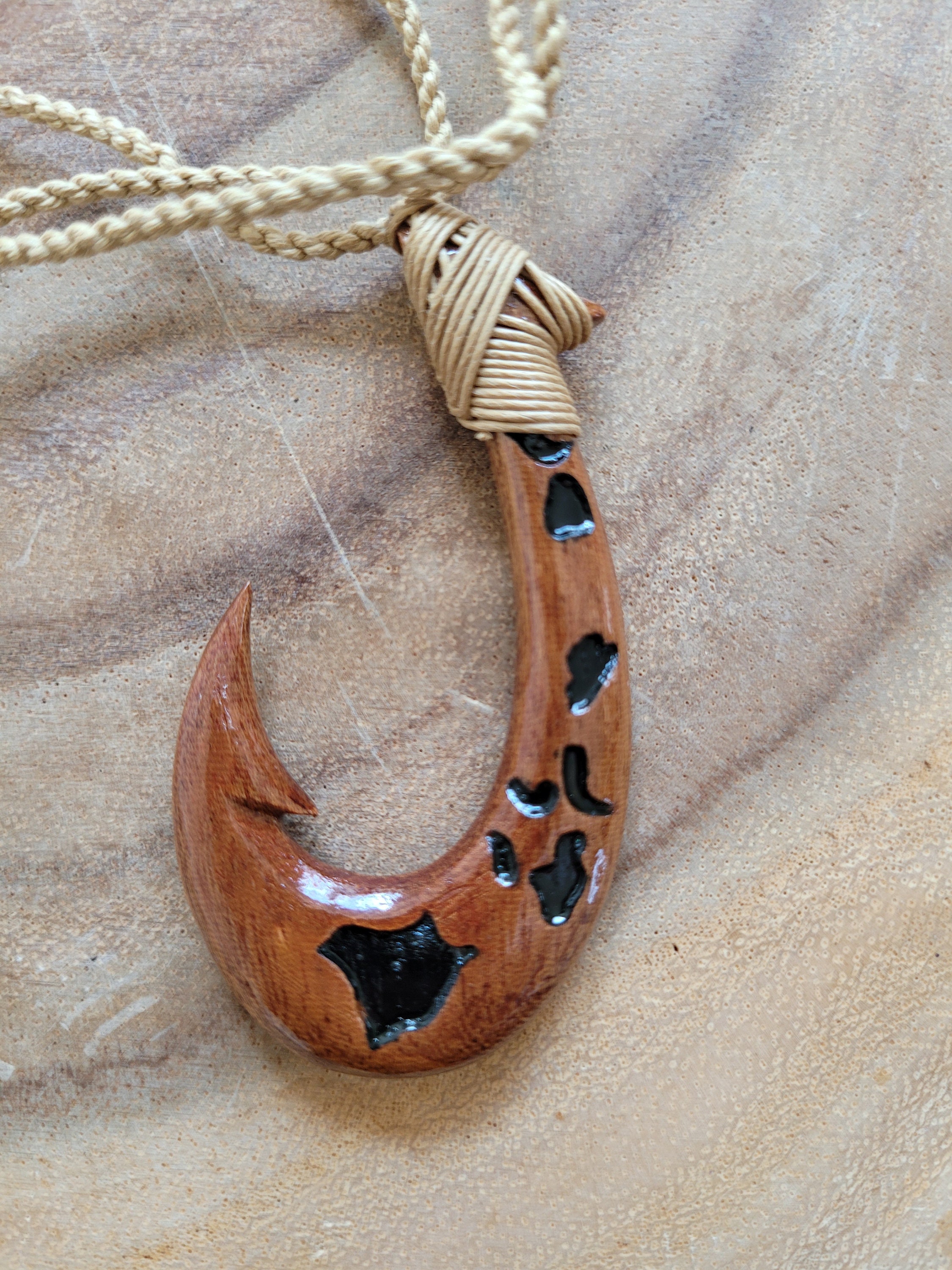 Genuine Koa Wood Hawaiian Fish Hook XL Pendant Necklace Adjustable Choker 
