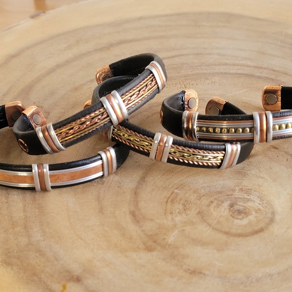 Solid Copper Leather Wrapped Magnetic Bracelet Men Women Energy Pain Jewelry