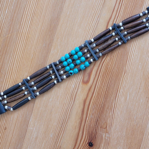 Buffalo Bone 4 Line Hair Pipe Tribal Turquoise Beaded Choker Leather Native American Necklace Woody Brown