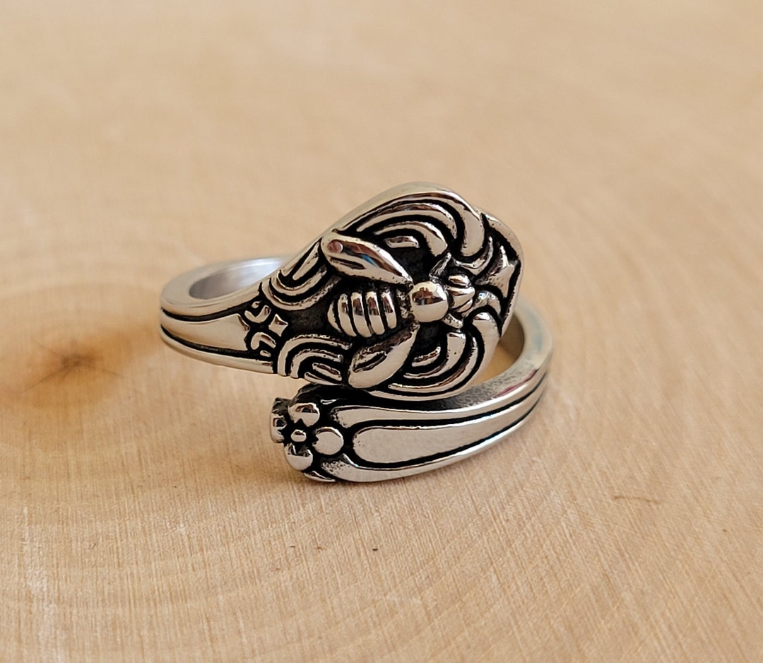 Stainless Steel Bumble Bee Spoon Ring Antique Silver Garden Insect Boho ...