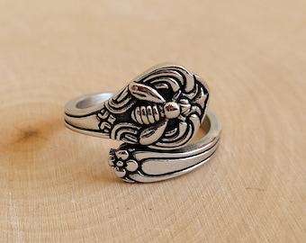 Stainless Steel Bumble Bee Spoon Ring - Antique Silver Garden Insect Boho Band