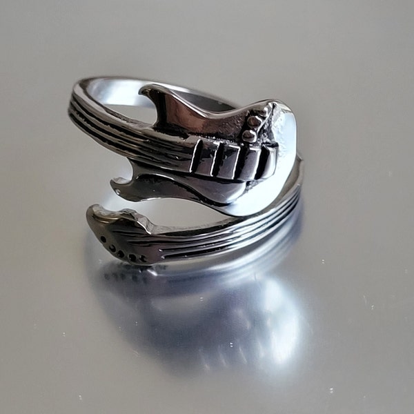 Stainless Steel Guitar Spoon Ring - Musician Adjustable Boho Band