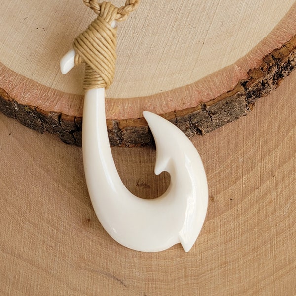 Hawaiian Buffalo Bone 2" Fish Hook Pendant Adjustable Necklace Choker