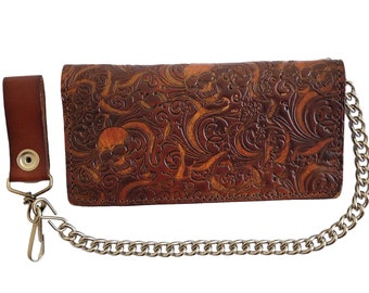 Rustic Genuine Leather Trucker Biker 7" Wallet W/ Chain Skulls