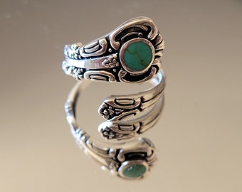 925 Sterling Silver Round Turquoise Stone Spoon Ring Unique Adjustable Spoon Ring Band