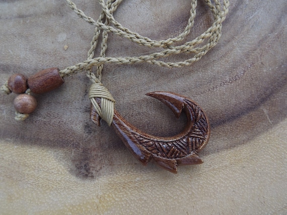 Genuine Koa Wood Hawaiian Fish Hook XL Pendant Necklace Adjustable Choker