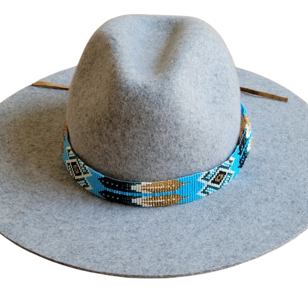 Western Seed Beaded Hat Band Fit Cowboy Hatband Blue & Gold Feather Hat Band (Seulement Hatband)