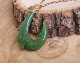 Hawaiian Natural Jade Fish Hook Necklace Hand Carved Jade Hook Hei Matau 2" Pendant Adjustable Choker