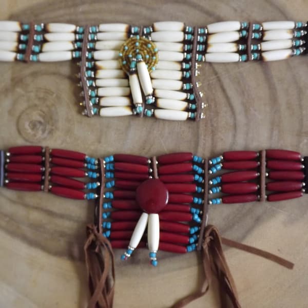 Traditional Buffalo Bone 10 Line Hair Pipe Tribal Choker Leather Tribal Native American Necklace Chest Plate Breastplate