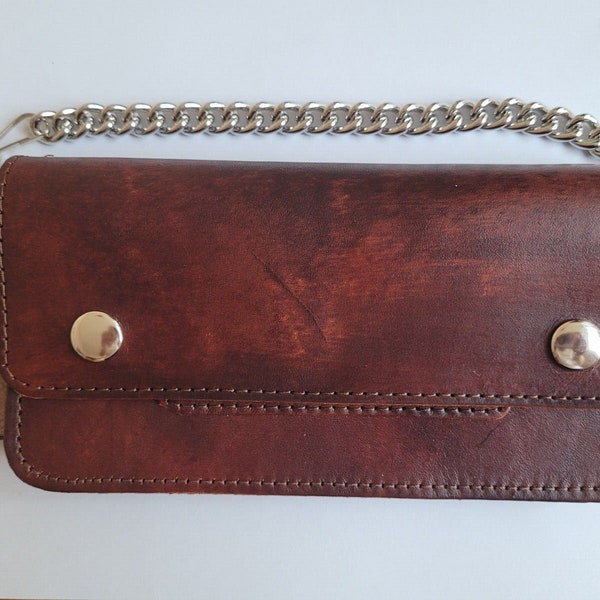 Rustic Brown Genuine Leather Biker 8" Wallet With 12" Chain Biker Trucker Wallet