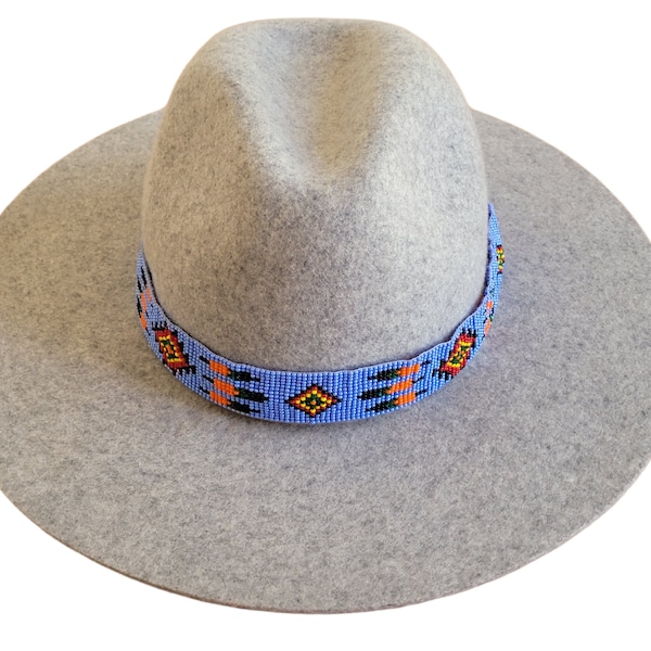 Western Seed Beaded Hat Band Fit Cowboy Hatband Light Blue Multi Color Hat Band ( Only Hatband)