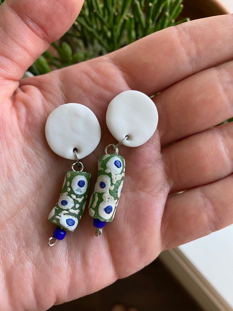 White clay Ghanaian painted glass accent bead earrings