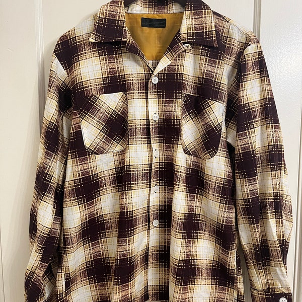 1950s style open collar ombre check shirt- medium- made in Japan