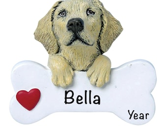 Personalized Yellow Lab Ornament | Labrador Retriever Dog Christmas Ornament w/ Customized Dog Bone | Cute Puppy Ornament | Labrador Gifts