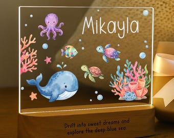 Ocean Night Light Personalized – Custom Name LED Nursery Lamp with Whale, Octopus & Sea Friends – Baby Shower Gift – Kids Room Decor