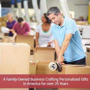 May include: A man in a light blue shirt seals a cardboard box with packing tape. Other people are in the background packing boxes. The image includes the text: "A Family-Owned Business Crafting Personalized Gifts in America for over 20 Years."