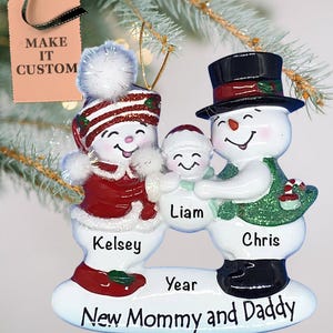 Personalized Family 1st Christmas Ornaments • Custom Snowman Family of 3 Keepsake • Our First Christmas as Family Ornament • New Baby Gift