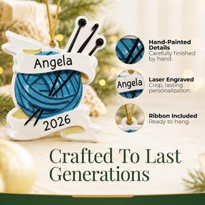 Personalized knitting supplies ornament christmas ornament. Product close-up.